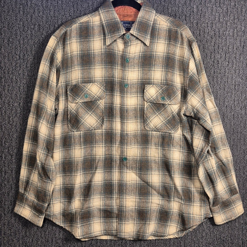 JCPenney Flannel Shirt Mens Large Brown Plaid Virgin Wool Heavyweight Overshirt